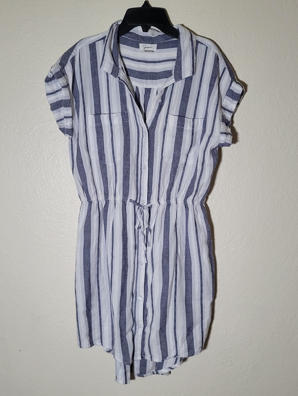 Japna | Striped Mini Shirt Dress High Low Button Coastal Beach Nautical Summer L